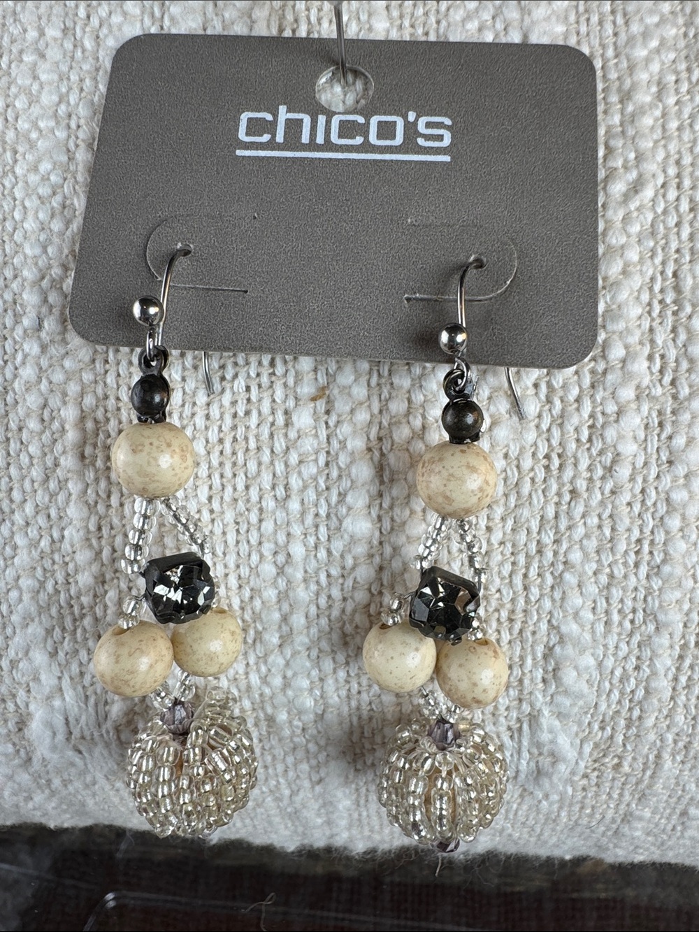 0530-Chico's Cream and Silver Beaded Drop Earrings